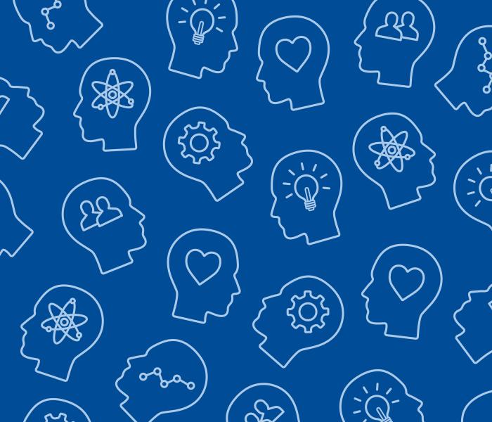 Pattern of random profiles with icons inside.  Icons include hearts, lightbulbs, gear.