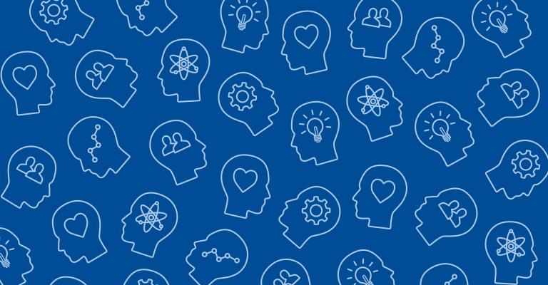 Pattern of random profiles with icons inside.  Icons include hearts, lightbulbs, gear.